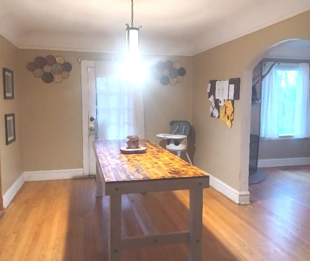 dining space with hardwood / wood-style flooring