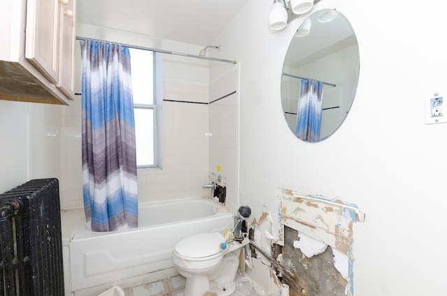 bathroom with radiator, toilet, and shower / bathtub combination with curtain