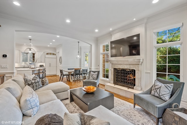 living room featuring a fireplace, light hardwood / wood-style floors, and crown molding