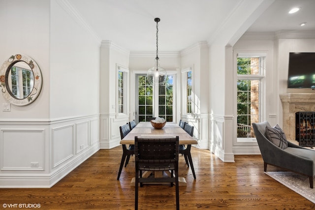 dining area featuring crown molding, dark hardwood / wood-style flooring, and a healthy amount of sunlight