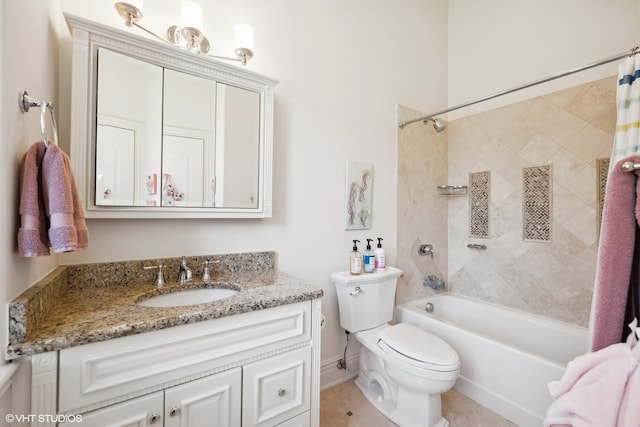 full bathroom featuring vanity, tile patterned flooring, toilet, and shower / tub combo with curtain