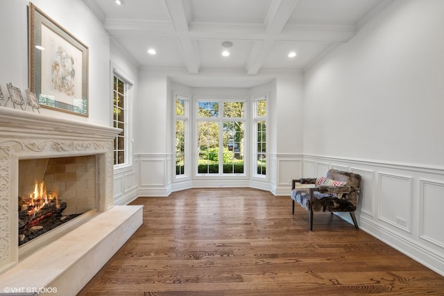 sitting room featuring beamed ceiling, hardwood / wood-style flooring, a premium fireplace, and a healthy amount of sunlight