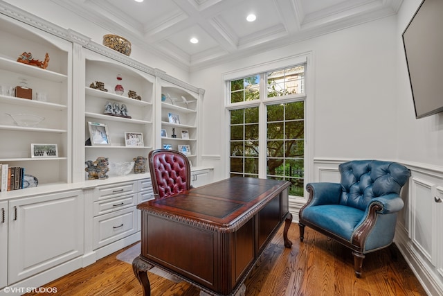 office area with dark wood-type flooring, crown molding, beamed ceiling, and coffered ceiling