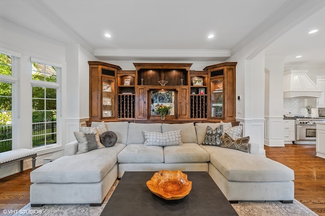 living room with crown molding and dark hardwood / wood-style flooring