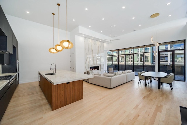 kitchen featuring a kitchen island with sink, light wood-style flooring, a fireplace, a sink, and modern cabinets