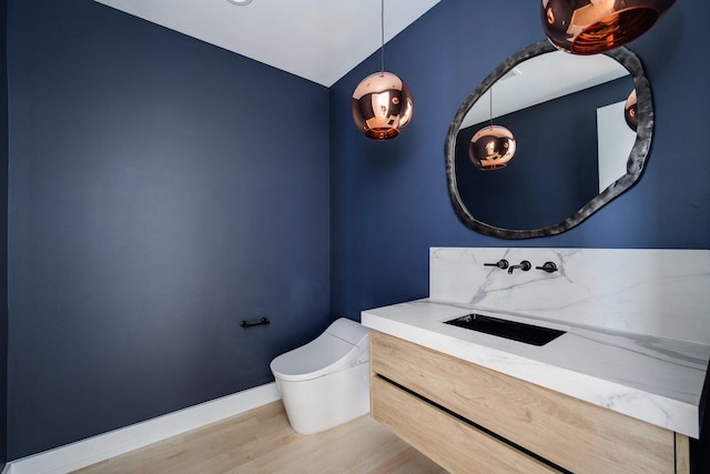 bathroom featuring toilet, baseboards, wood finished floors, and vanity