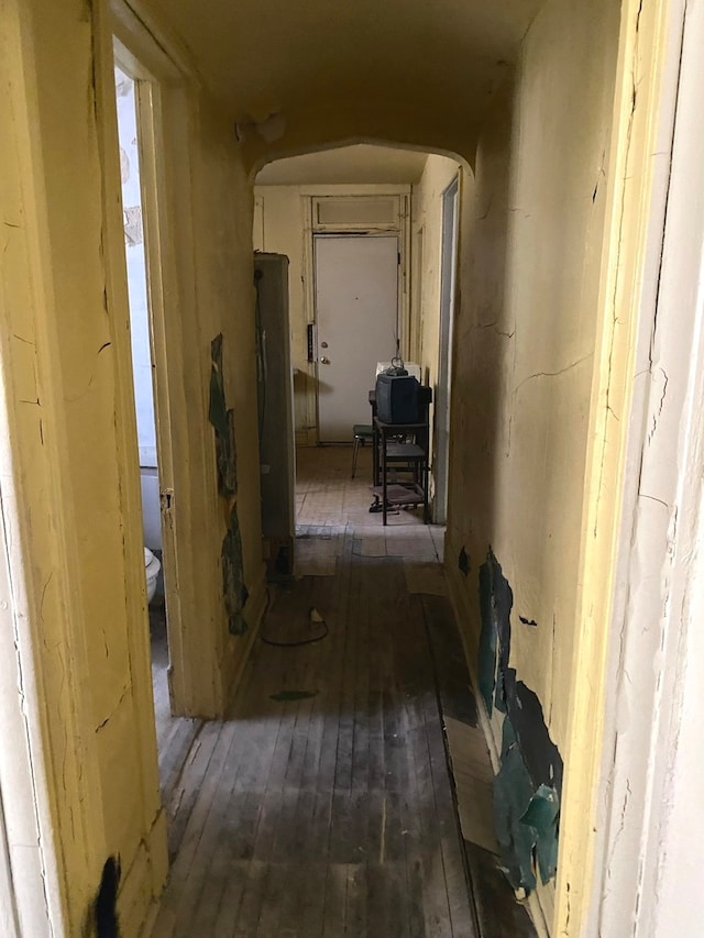 corridor featuring dark wood-type flooring