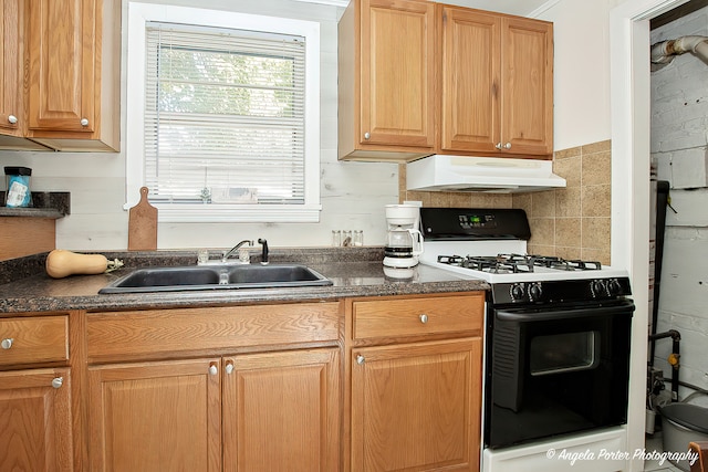 kitchen featuring sink and white range with gas stovetop