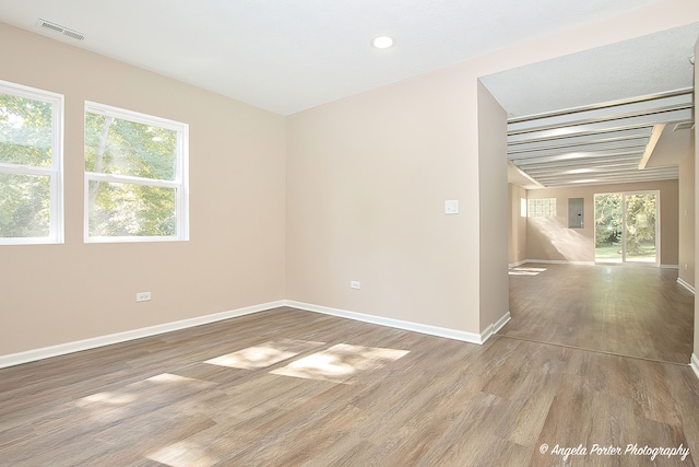 empty room with electric panel, hardwood / wood-style floors, and a wealth of natural light