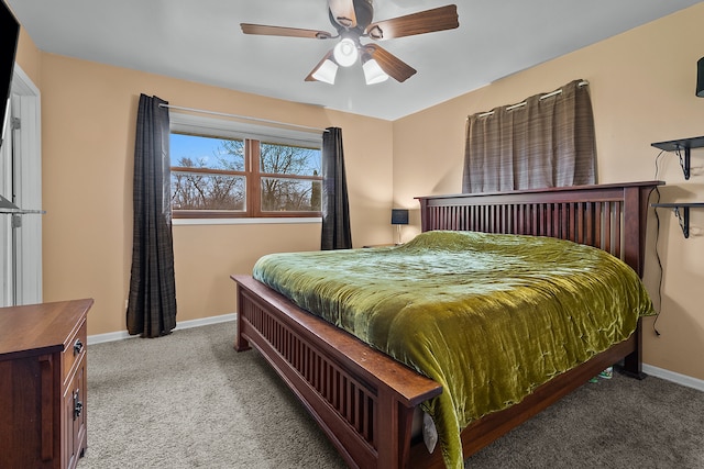 bedroom featuring ceiling fan and light colored carpet