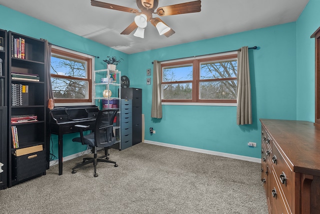 office featuring ceiling fan, plenty of natural light, and carpet