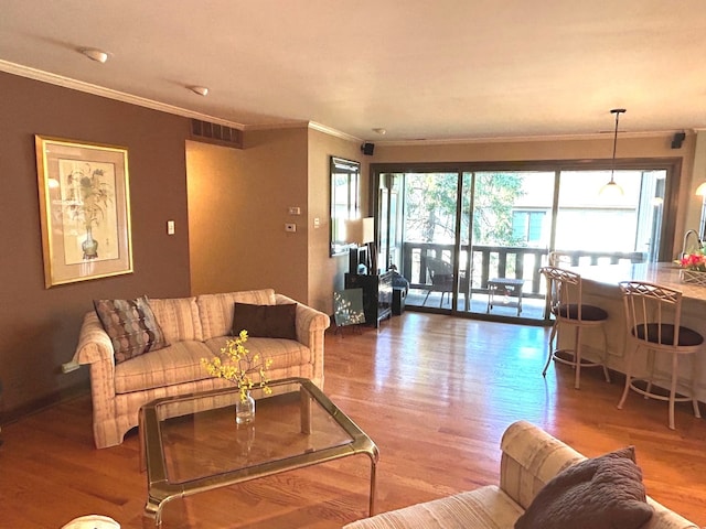 living room with crown molding and wood-type flooring