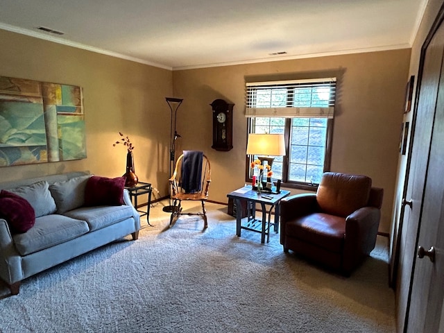 living room with carpet floors and ornamental molding