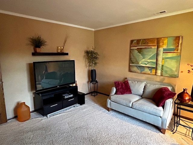 living room featuring crown molding and carpet