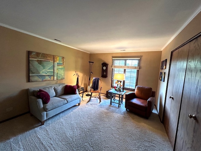 living room with ornamental molding and carpet