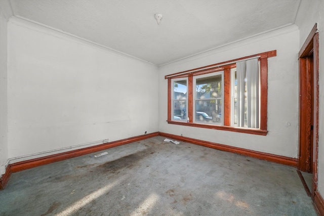 spare room with carpet flooring and crown molding