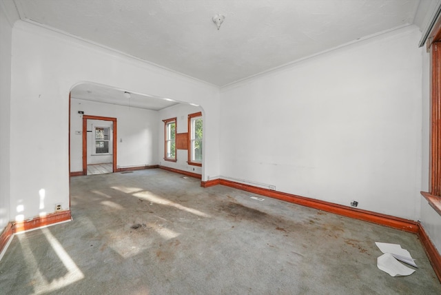 carpeted spare room featuring crown molding