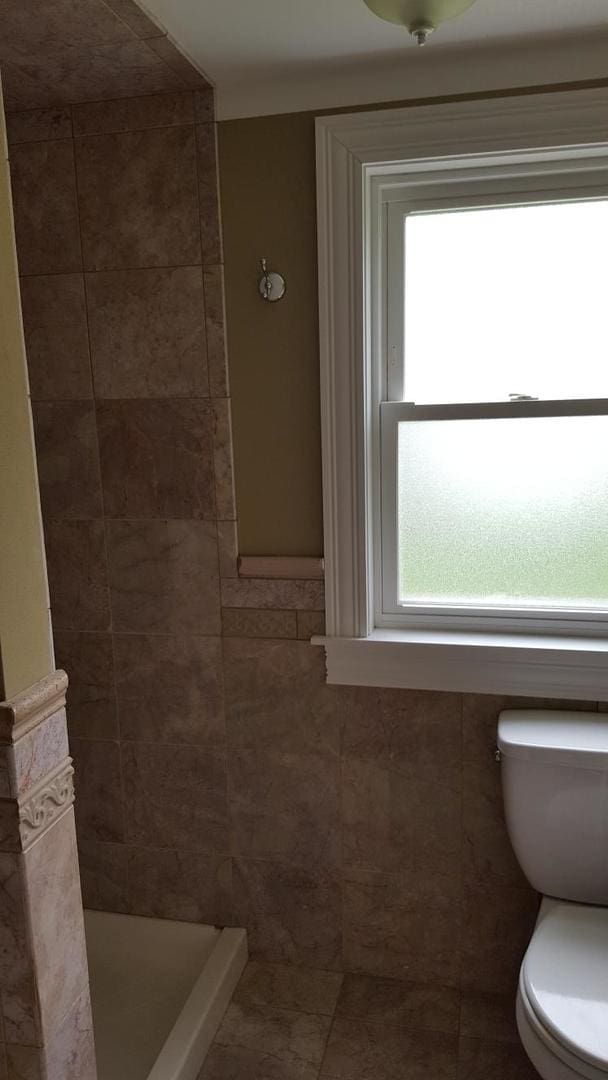 bathroom with walk in shower, tile walls, toilet, and a healthy amount of sunlight