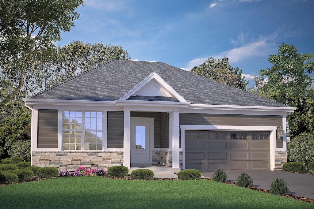 view of front of house featuring roof with shingles, an attached garage, stone siding, and concrete driveway
