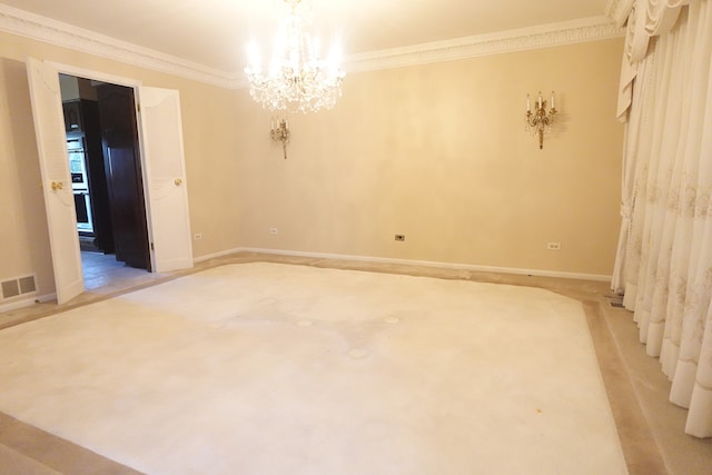 unfurnished room with crown molding and an inviting chandelier