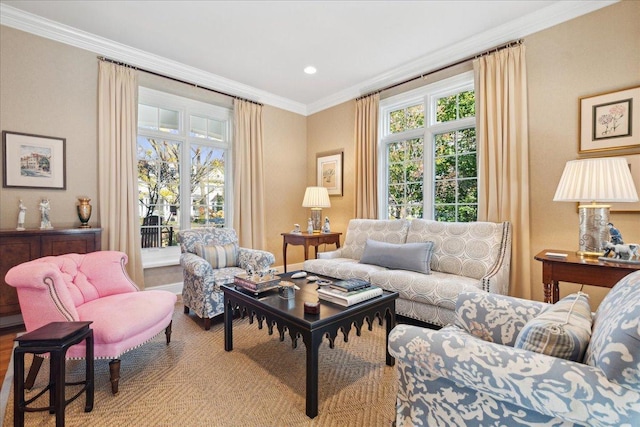 living room with ornamental molding