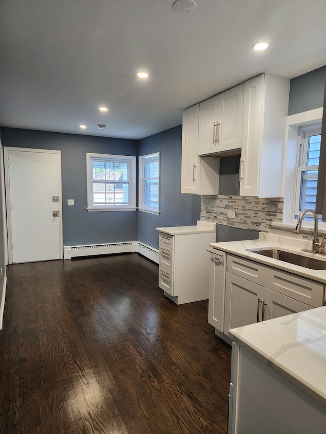 kitchen with white cabinets, dark wood-type flooring, sink, and tasteful backsplash