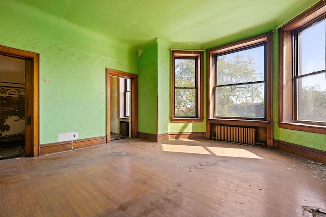 spare room featuring radiator heating unit, light hardwood / wood-style floors, and vaulted ceiling