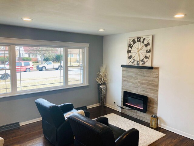 living room featuring a wealth of natural light and dark wood-type flooring