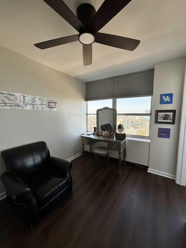 office space featuring dark hardwood / wood-style floors and ceiling fan