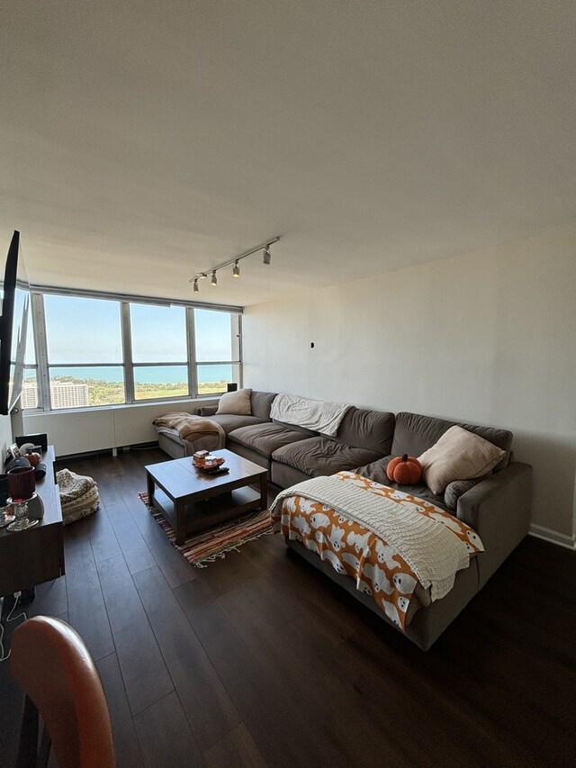 living room featuring a water view and dark wood-type flooring