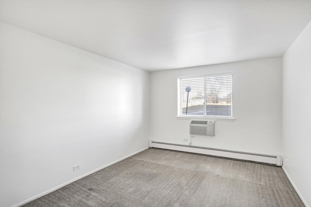 unfurnished room with a wall mounted AC, carpet, baseboards, and a baseboard radiator