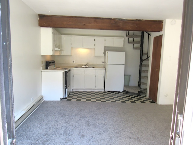 kitchen with dark carpet, sink, white cabinetry, a baseboard radiator, and white appliances