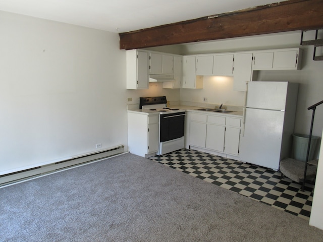 kitchen featuring white cabinetry, white appliances, dark colored carpet, sink, and a baseboard heating unit