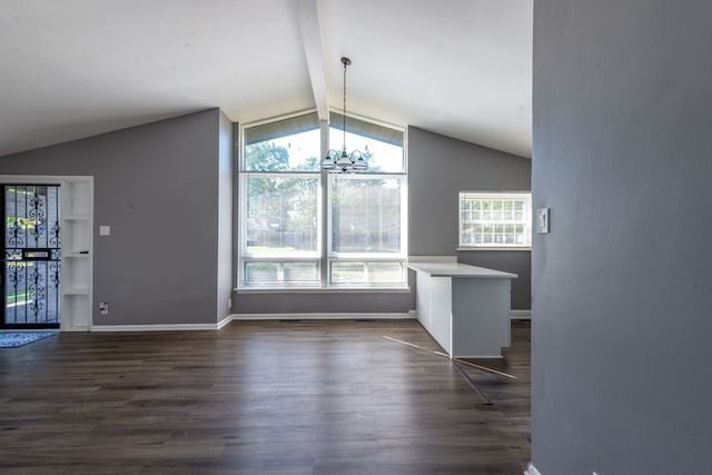 unfurnished living room with vaulted ceiling with beams, a chandelier, and dark wood-type flooring