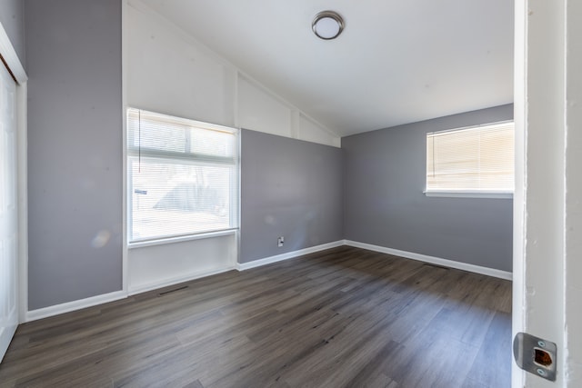 interior space featuring lofted ceiling and dark hardwood / wood-style flooring