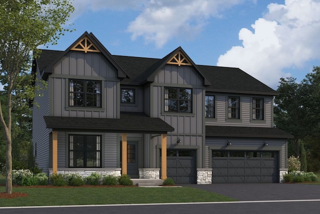 12854 S Platte Trl, Plainfield, IL 60585 - modern farmhouse style home with board and batten siding, an attached garage, stone siding, and a front yard