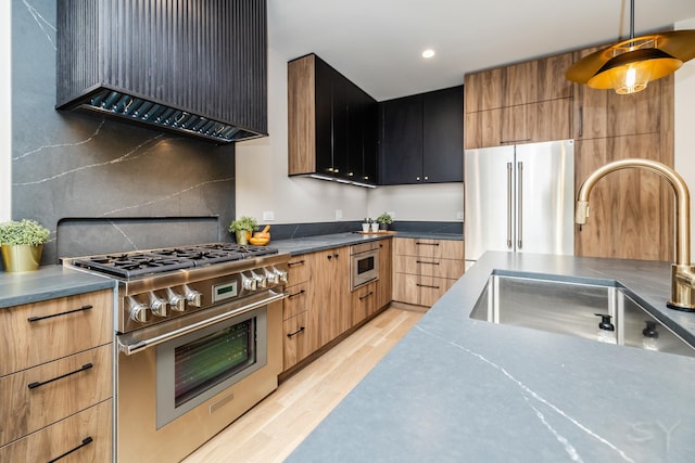 2715 Reese Ave, Evanston, IL 60201 - kitchen featuring appliances with stainless steel finishes, a sink, exhaust hood, light wood-style flooring, and decorative backsplash