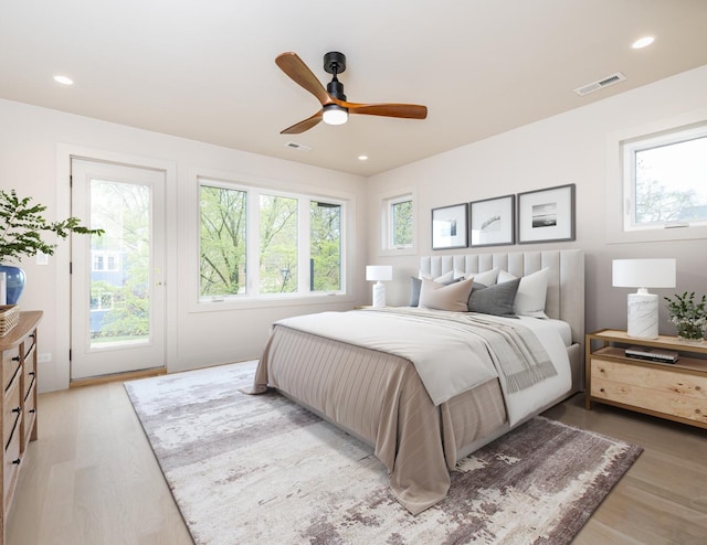 2715 Reese Ave, Evanston, IL 60201 - bedroom featuring access to exterior, light wood-type flooring, recessed lighting, and a ceiling fan