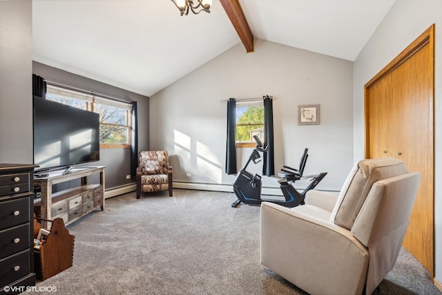 sitting room featuring a wealth of natural light, carpet, a baseboard heating unit, and vaulted ceiling with beams