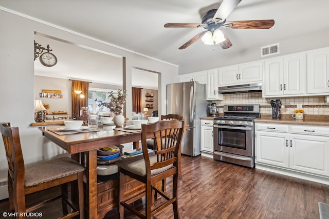 kitchen featuring a ceiling fan, white cabinets, under cabinet range hood, visible vents, and appliances with stainless steel finishes