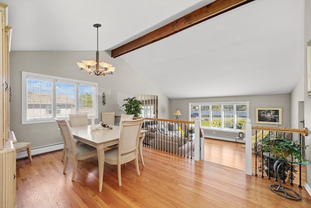 dining area with baseboard heating, beam ceiling, light hardwood / wood-style floors, and plenty of natural light