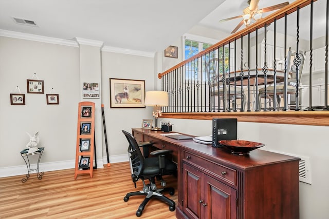 office area with light hardwood / wood-style floors, crown molding, and ceiling fan