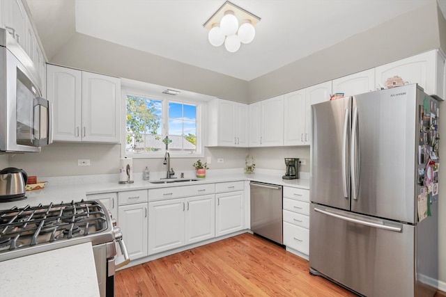 kitchen with white cabinetry, light hardwood / wood-style flooring, stainless steel appliances, and sink