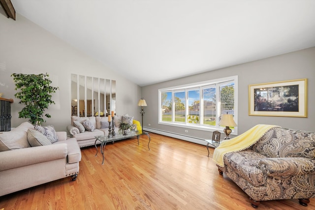 living room featuring a baseboard heating unit, beamed ceiling, high vaulted ceiling, and light wood-type flooring