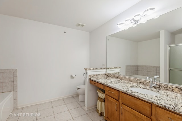 full bathroom featuring tile patterned floors, vanity, toilet, and shower with separate bathtub