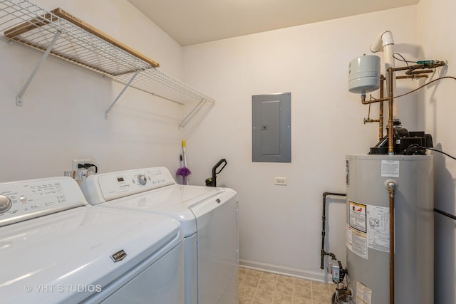 laundry area featuring electric panel, separate washer and dryer, and water heater