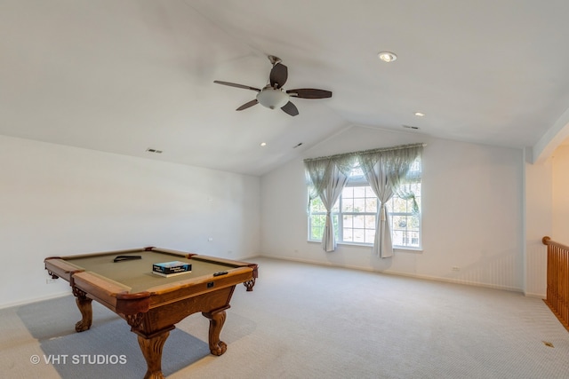 recreation room with light carpet, billiards, vaulted ceiling, and ceiling fan