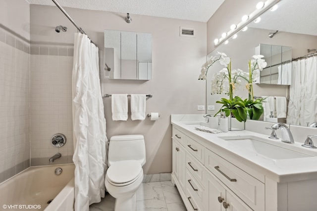 full bathroom featuring a textured ceiling, vanity, toilet, and shower / bath combo with shower curtain