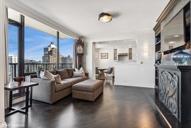 living room featuring dark hardwood / wood-style flooring and crown molding