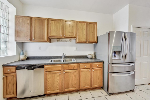 kitchen featuring appliances with stainless steel finishes, sink, and light tile patterned floors